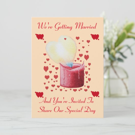 愛のハート形の炎の赤い結婚ろうそく 招待状 (スタンド正面)