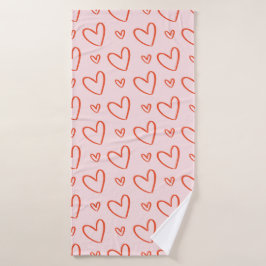 愛のパターン：ピンクの背景の赤いハート バスタオル