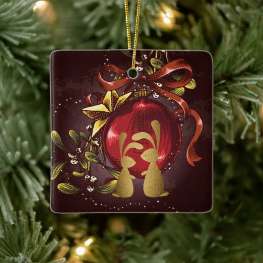 愛のパーソナライズされたクリスマスにゴールデン・バンニー セラミックオーナメント (ツリー)