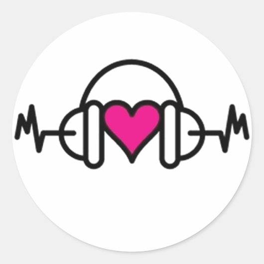 愛のビート |パルスとヘッドフォン付きピンクのハート ラウンドシール (正面)