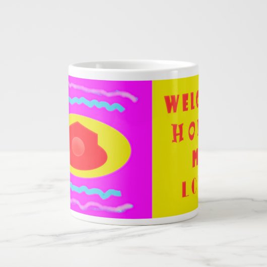 愛のピンクと青素晴らし色の黄色の家へようこそ ジャンボコーヒーマグカップ (正面)