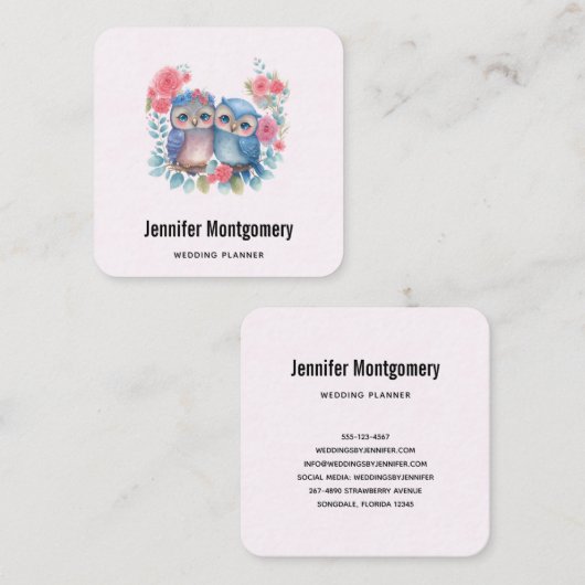愛のフクロウが木の枝に座る スクエア名刺 (正面/裏面)