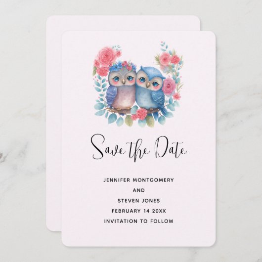愛のフクロウが木の枝に座る セーブザデート (正面/裏面)