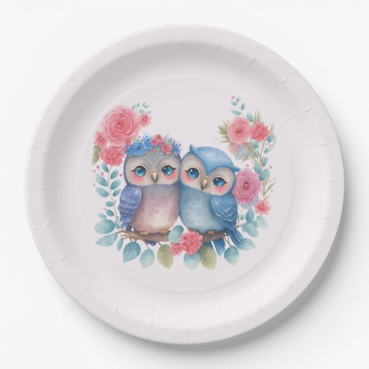 愛のフクロウが木の枝に座る ペーパープレート (正面)