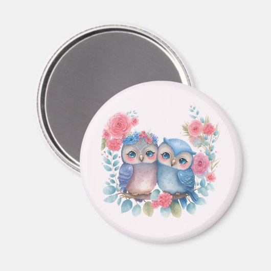 愛のフクロウが木の枝に座る マグネット (正面/裏面)