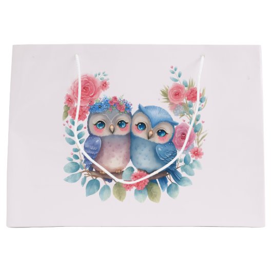 愛のフクロウが木の枝に座る ラージペーパーバッグ (正面)