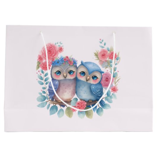 愛のフクロウが木の枝に座る ラージペーパーバッグ (裏面)