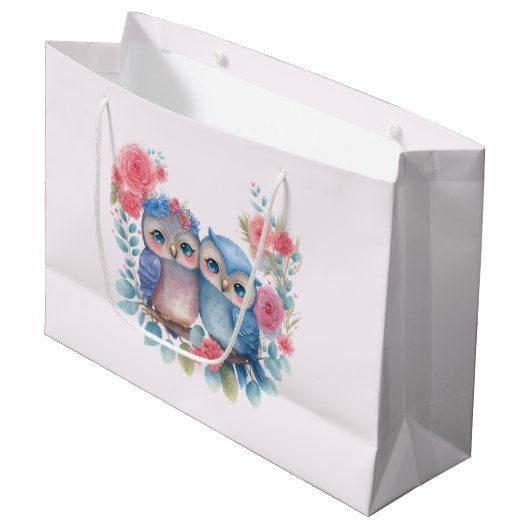 愛のフクロウが木の枝に座る ラージペーパーバッグ (正面アングル)