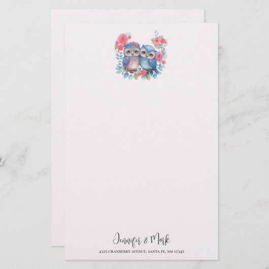 愛のフクロウが木の枝に座る 便箋 (正面/裏面)