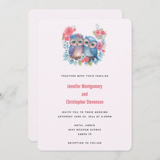 愛のフクロウが木の枝に座る 招待状 (正面/裏面)