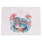 愛のフクロウズツリーブランチに座ってバレンタイン ラージペーパーバッグ (正面)