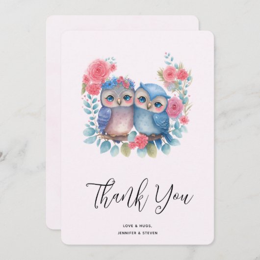 愛のフクロウ木の枝に座って感謝 サンキューカード (正面/裏面)