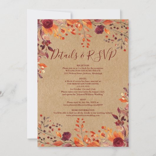 愛のフローラ素朴の一つの秋ですべて結婚 招待状 (裏面)