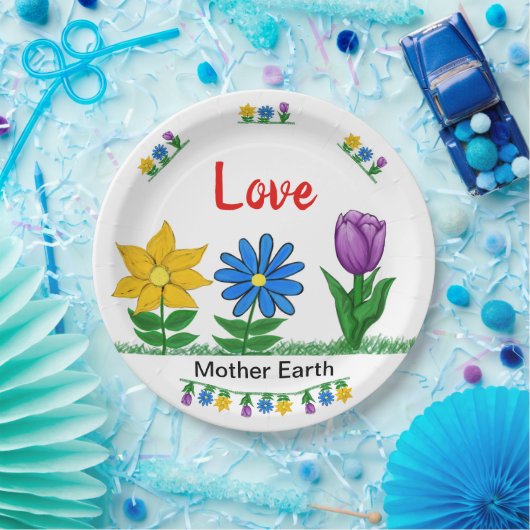 愛のマザーアース ガーデンフラワー ホワイト ペーパープレート (パーティー)