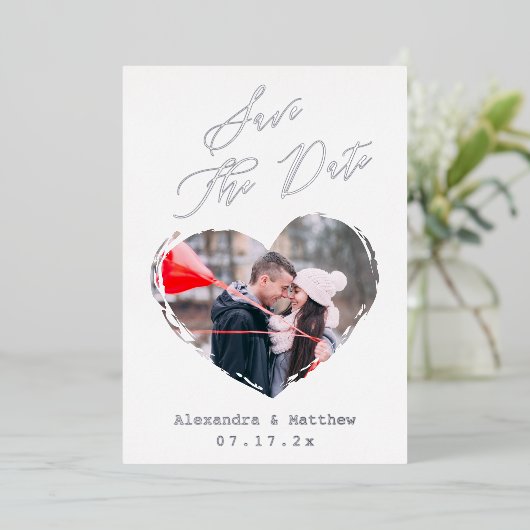 愛のモダンハート概要写真の保存日付 箔招待状 (立ち正面)