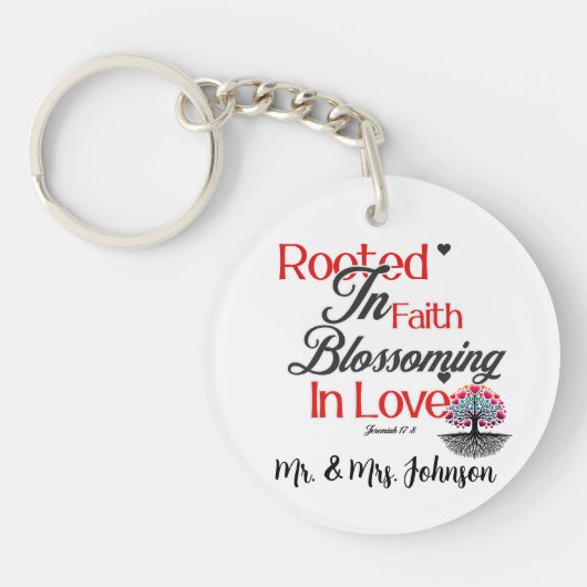 愛の中で開花する信仰に根ざす – エレミヤ17:8 キーホルダー (正面)