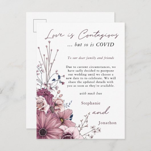 愛の伝染結婚の延期PInk薄紫フローラ 案内ポストカード (正面/裏面)