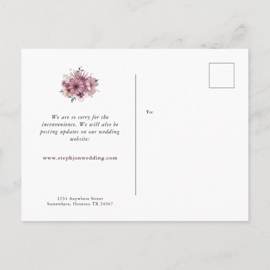 愛の伝染結婚の延期PInk薄紫フローラ 案内ポストカード (裏面)