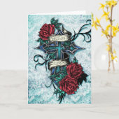 愛の信仰クロスとタトゥースタイルのバラ。 カード (黄色い花)