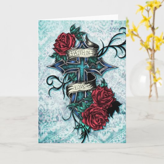 愛の信仰クロスとタトゥースタイルのバラ。 カード (黄色い花)
