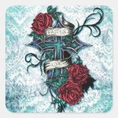 愛の信仰クロスとタトゥースタイルのバラ。 スクエアシール (正面)