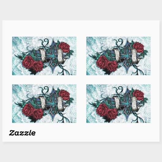 愛の信仰バラとブルーベースのクロス・アート 長方形シール (シート)