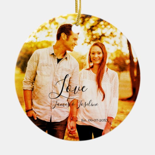 愛の写真の追加の名前セット。年結婚の夫婦 セラミックオーナメント (正面)