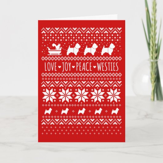 愛の喜び平和の西かわいい犬のクリスマスカード シーズンカード (正面)