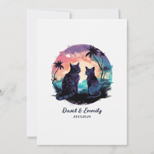 愛の夕焼けのロマンチックな猫結婚の心を描く 招待状 (裏面)
