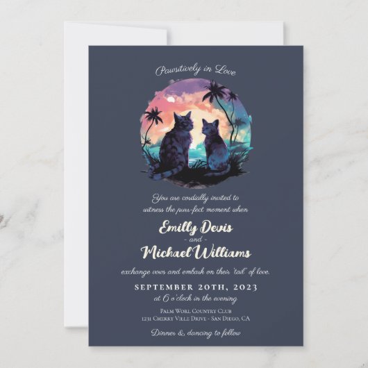 愛の夕焼けのロマンチックな猫結婚の心を描く 招待状 (正面)