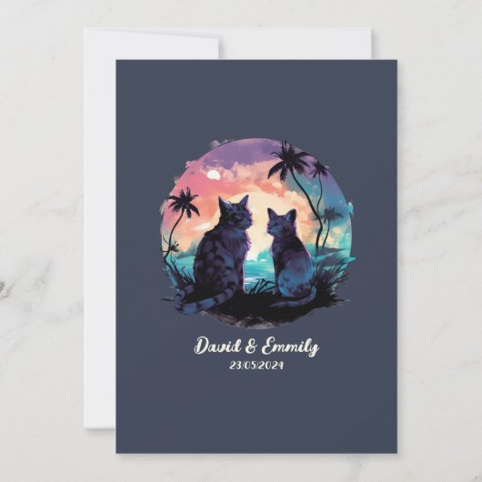 愛の夕焼けのロマンチックな猫結婚の心を描く 招待状 (裏面)
