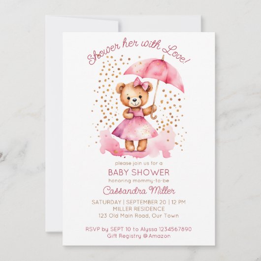 愛の女の子テディベア赤ちゃんシャワーとシャワー 招待状 (正面)