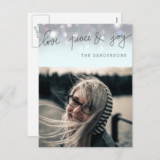 愛の平和と喜びの《写真》ぼけ味のスクリプトのモダン写真 シーズンポストカード (正面/裏面)