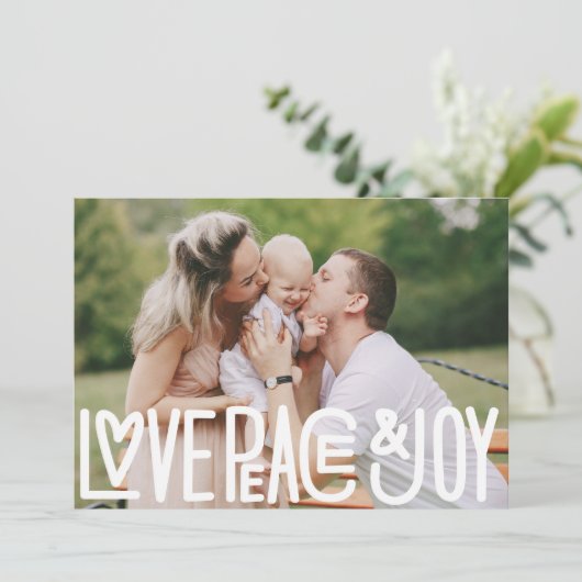 愛の平和と喜びクリスマスホリデー写真 サンキューカード (スタンド正面)