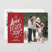 愛の平和と喜びレタリング赤い写真クリスマス シーズンポストカード (正面/裏面)