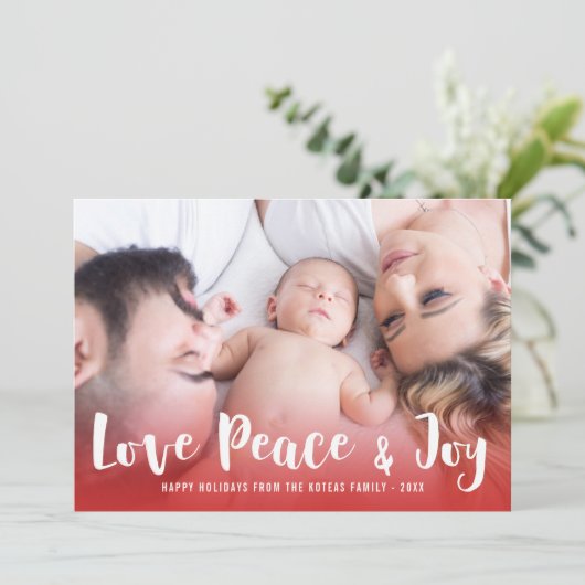 愛の平和と喜び赤の幸せな休日の写真 シーズンカード (スタンド正面)