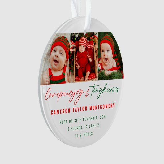 愛の平和の喜びと小さなキスベビーの最初のクリスマス オーナメント (正面)