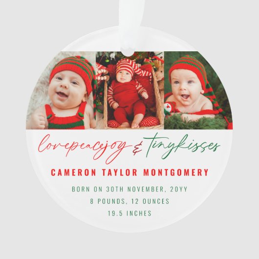 愛の平和の喜びと小さなキスベビーの最初のクリスマス オーナメント (正面)