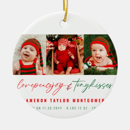 愛の平和の喜びと小さなキスベビーの最初のクリスマス ガラスオーナメント (正面)