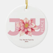 愛の平和の喜びピンクのポインセチアのクリスマスフォト セラミックオーナメント (正面)