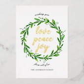 愛の平和の喜び。水彩クリスマスフローラ金ゴールド 箔シーズンカード (正面)