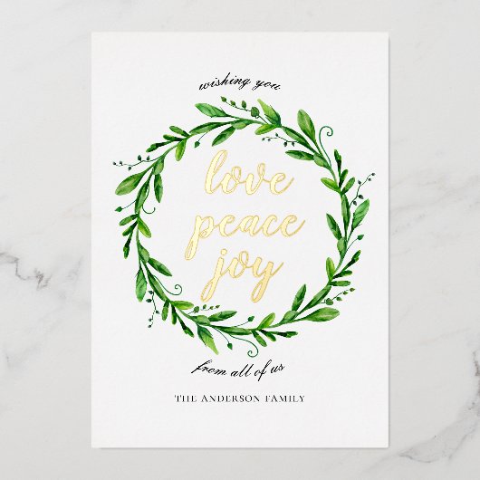 愛の平和の喜び。水彩クリスマスフローラ金ゴールド 箔シーズンカード (正面)