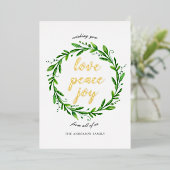 愛の平和の喜び。水彩クリスマスフローラ金ゴールド 箔シーズンカード (立ち正面)