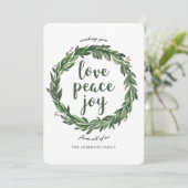 愛の平和の喜び。水彩冬クリスマスリース シーズンカード (スタンド正面)