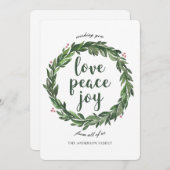愛の平和の喜び。水彩冬クリスマスリース シーズンカード (正面/裏面)