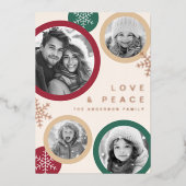 愛の平和の雪の結晶クリスマスフォトホリデーカード 箔シーズンカード (正面)