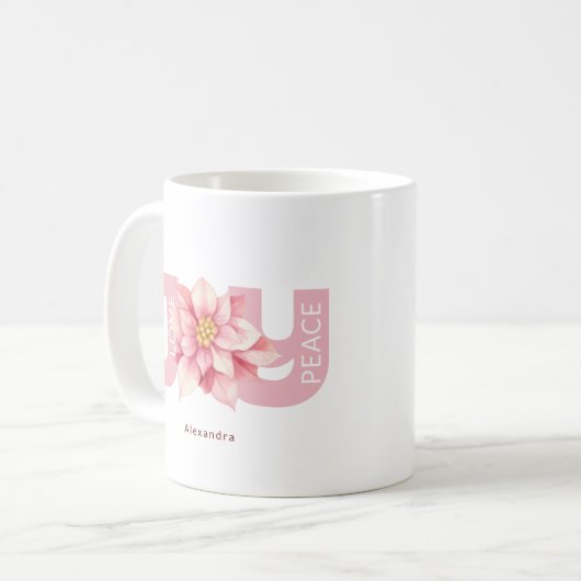 愛の平和ジョイピンクポインセチアのクリスマス コーヒーマグカップ (正面左)