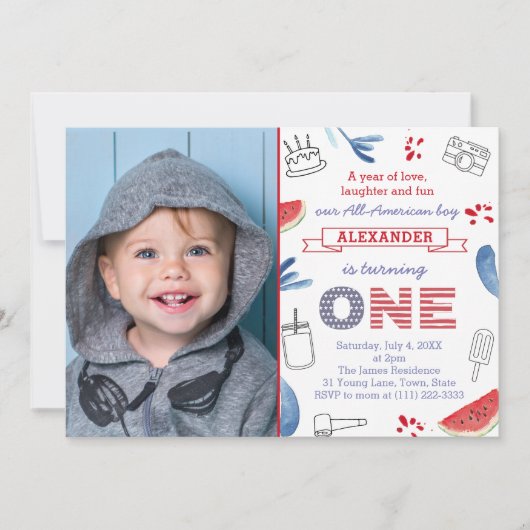 愛の年の笑いとおもしろいの最初の誕生日写真 招待状 (正面)