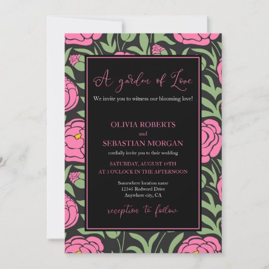 愛の庭。ピンクの牡丹結婚の花 招待状 (正面)