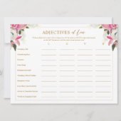 愛の形容詞リストピンクブライダルシャワーゲーム 招待状 (正面)